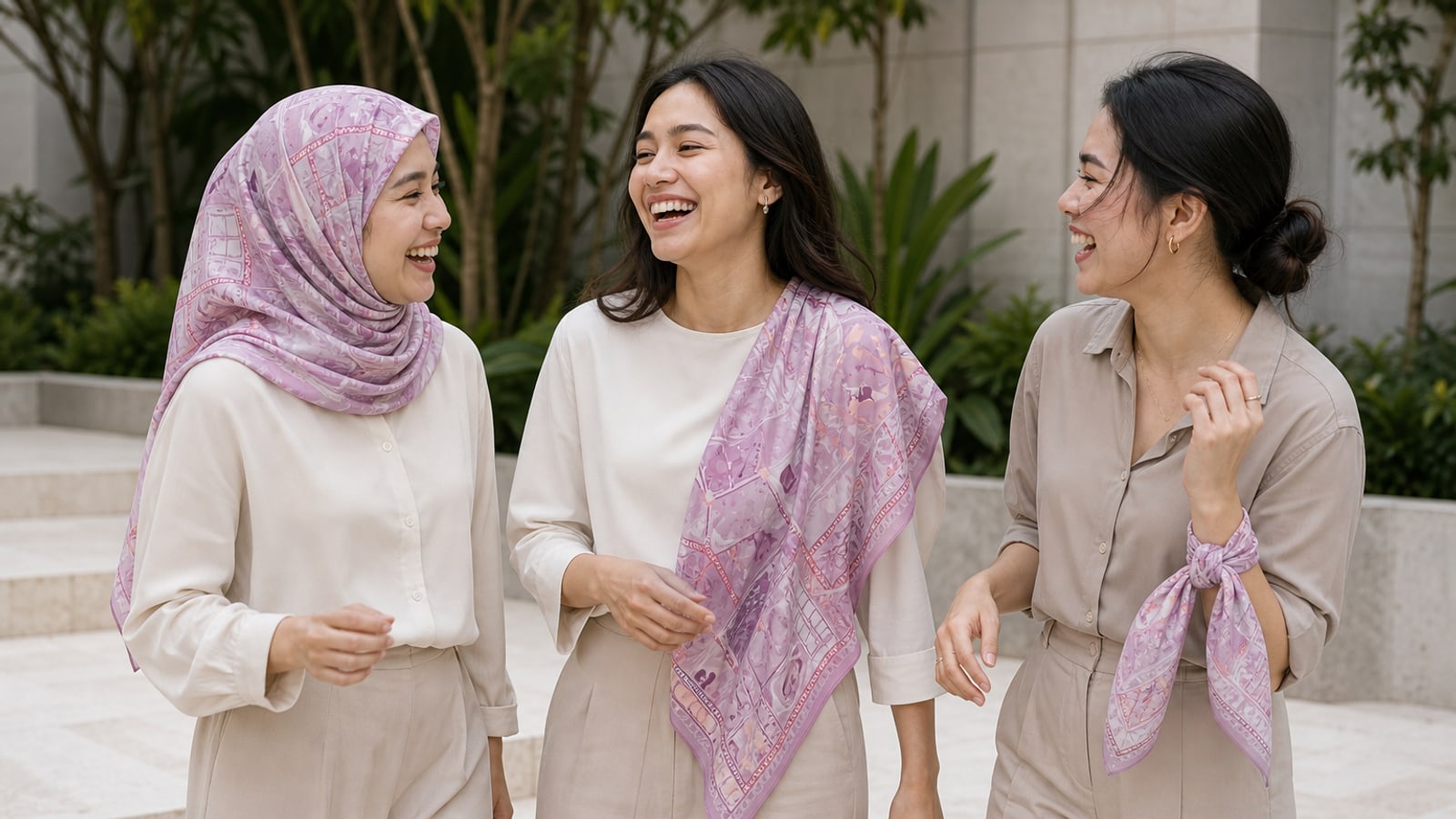 Three women in a courtyard, each wearing the same printed square a different way
