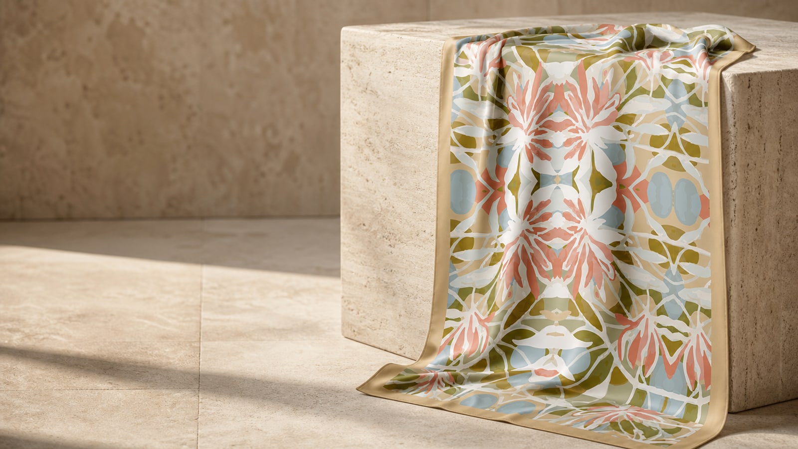 A printed silk scarf draped over a travertine plinth in a sunlit room